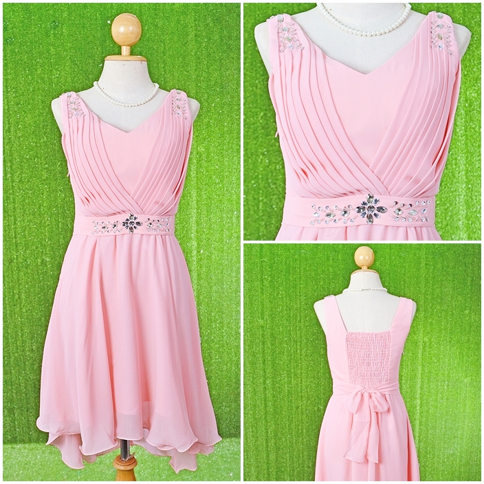 ชุดราตรีสั้น "สีโอรส" แขนกุด แต่งคริสตัลที่เอว ผ้าชีฟอง สม๊อคหลัง พร้อมส่ง S-3XL