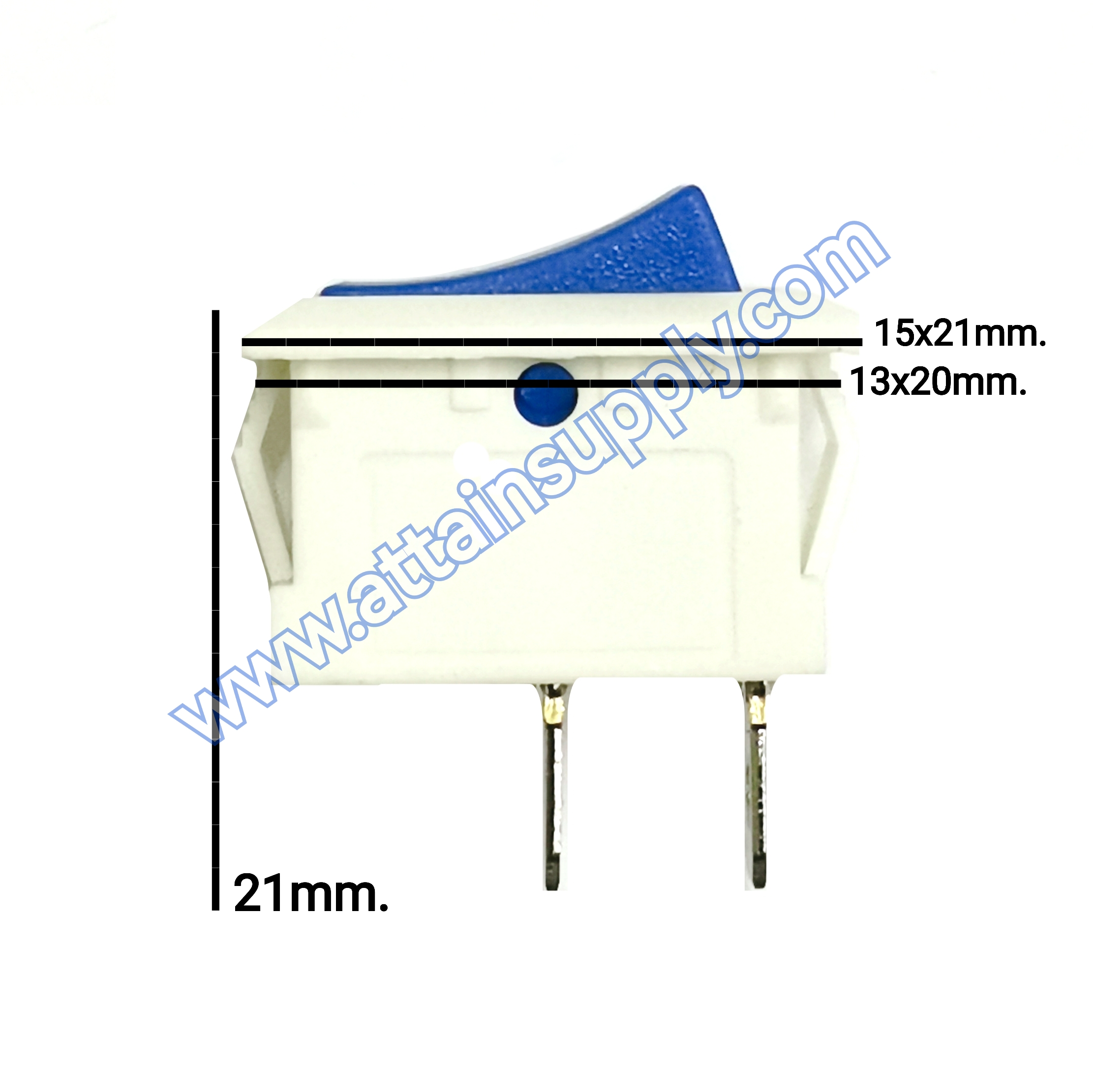 สวิทช์ IOเหลี่ยมเล็ก-ขาว 2ขา/ไม่มีไฟ-สีน้ำเงิน