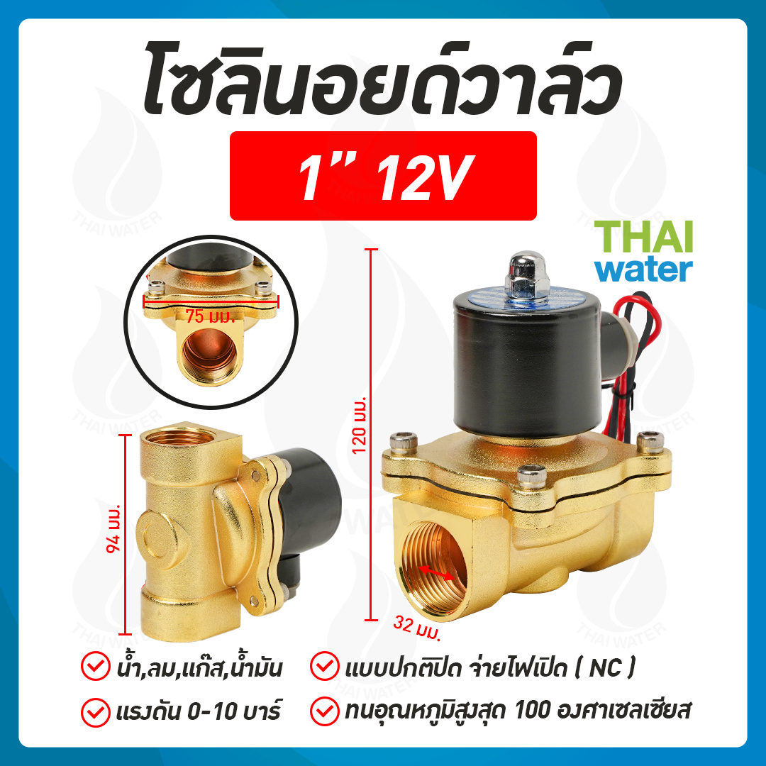 07-2W-08-1-12VDC-SY โซลินอยด์วาล์ว วาล์วไฟฟ้า วาวล์น้ำ วาล์วลม ทองเหลือง N/C 12V DC 1"