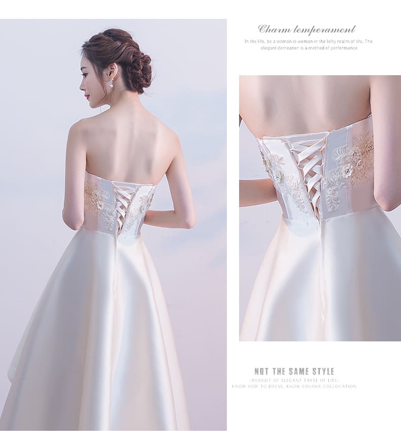 ชุดราตรี หน้าสั้นหลังยาว เกาะอก สีครีม พร้อมส่ง L ผ้าไหมดัชเชส งานร้อยหลัง