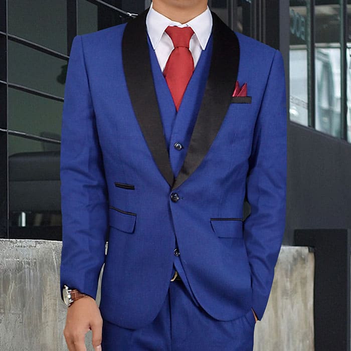 สูทเจ้าบ่าว เกรดพรีเมี่ยม สีน้ำเงินสด ปกดำเงา Size M (สูท+เสื้อกั๊ก+กางเกง)