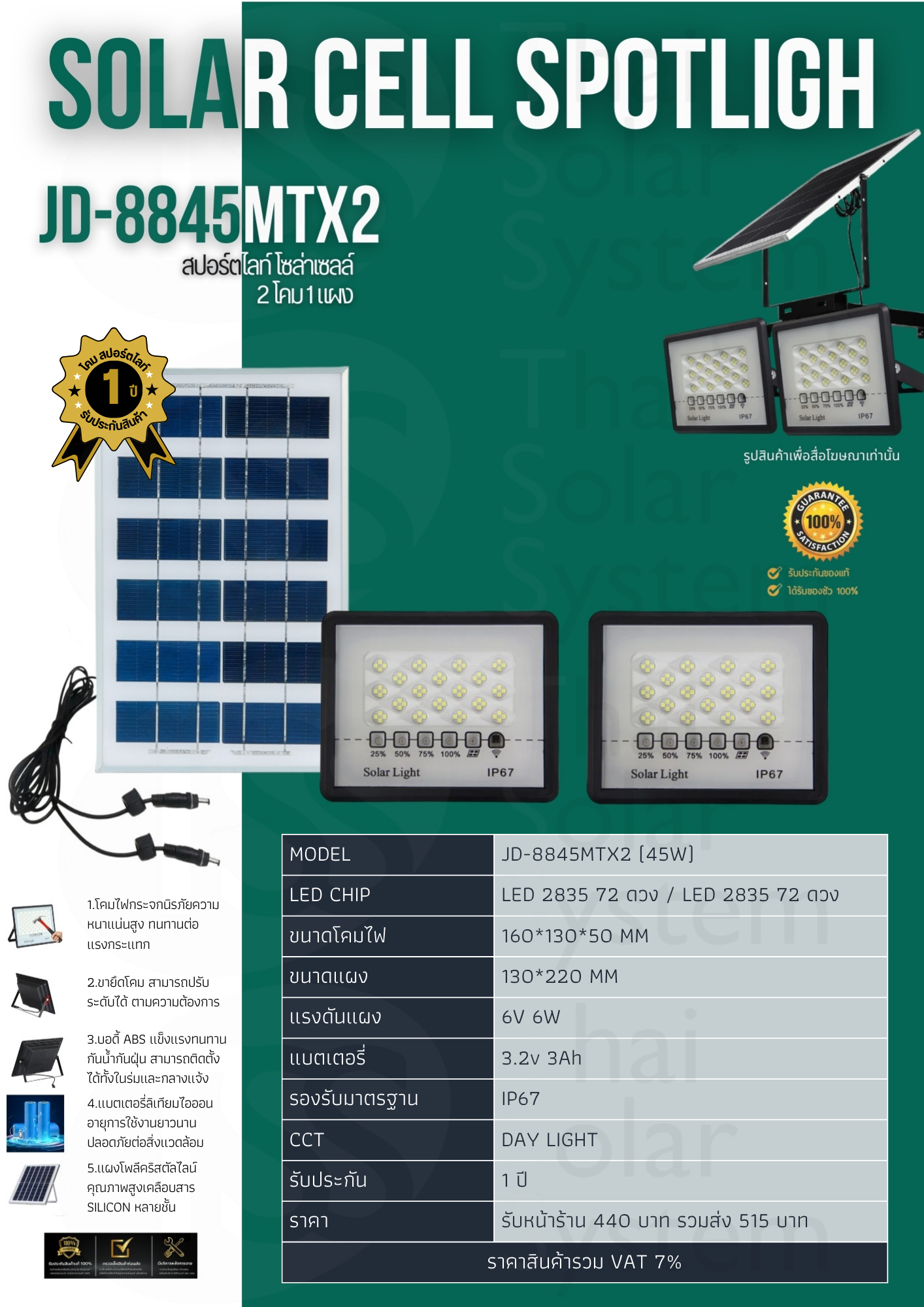 Spot Light โซล่าเซลล์ JD-8845MTX2 ขนาด 45w
