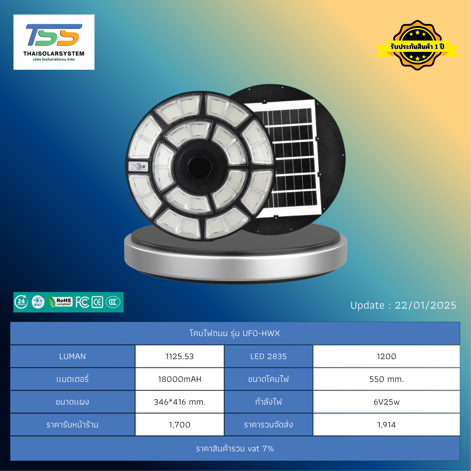 โคมไฟถนน โซล่าร์เซลล์ รุ่น UFO-HWX