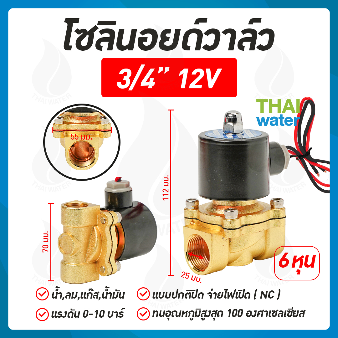 07-2W-06-1-12VDC-SY โซลินอยด์วาล์ว วาล์วไฟฟ้า วาวล์น้ำ วาล์วลม ทองเหลือง N/C 12V DC 3/4"