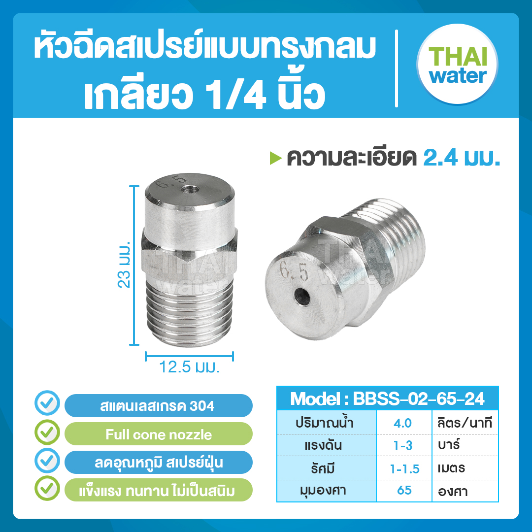 04-BBSS-02-6524 หัวฉีดสเปรย์แบบทรงกลม สแตนเลส เกรด 304 เกลียว 1/4 '' 2.4 มม. 65 องศา Full cone nozzle