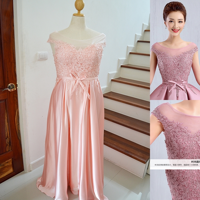 ชุดราตรีไซด์ใหญ่ เอว 36-37" **พร้อมส่ง สีโอรส** แขนล้ำ ปักลูกไม้ช่วงอก กระโปรงผ้าซาติน ซิปหลัง เกรดพรีเมี่ยม