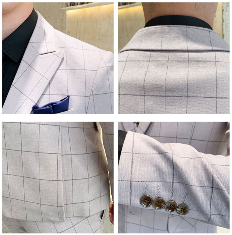 สูทชาย ลายสก๊อต สีครีมเบจ สไตล์เกาหลี (2ชิ้น) สูท+กางเกง พร้อมส่ง L,XL