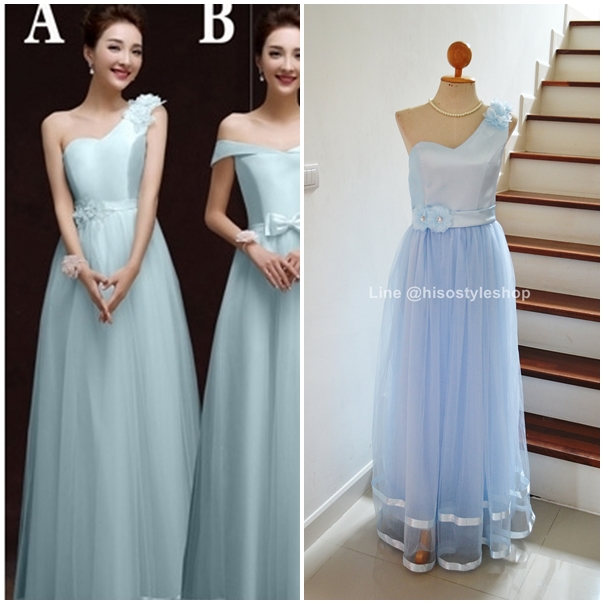 ชุดราตรียาว สีฟ้า *Size L* ช่วงบนผ้าดัชเชส ไหล่เดี่ยว ชายกระโปรงแต่งริบบิ้น งานร้อยหลัง