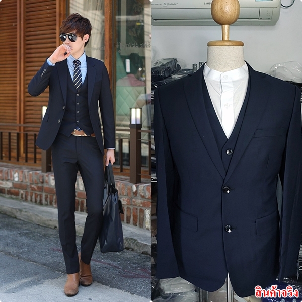 ชุดสูทเจ้าบ่าว,สูทผู้ชาย สีกรมเข้ม (Navy Blue) พร้อมส่ง M,L,2XL,3XL,4XL