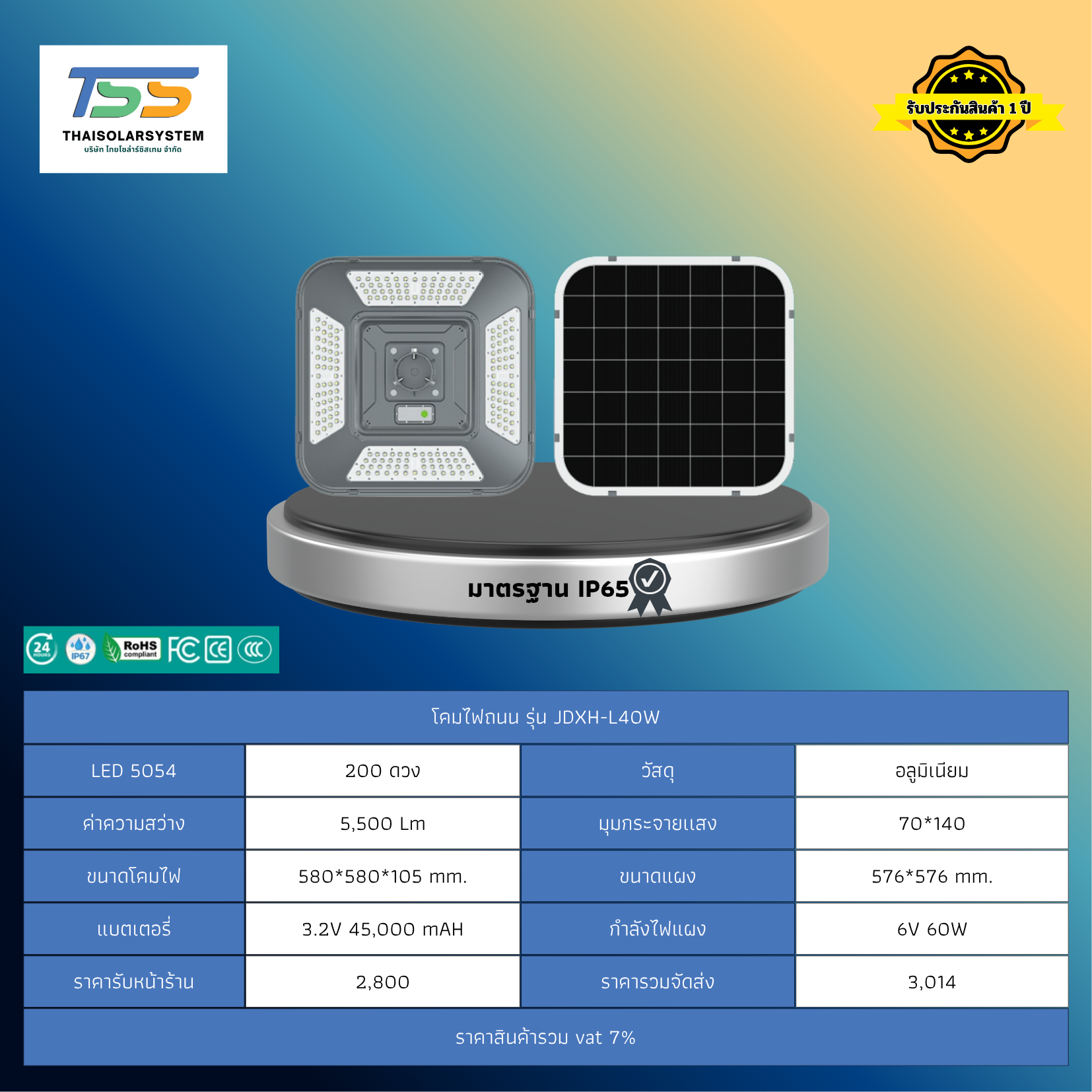 โคมไฟถนน โซล่าร์เซลล์ รุ่น JDXH-L40W