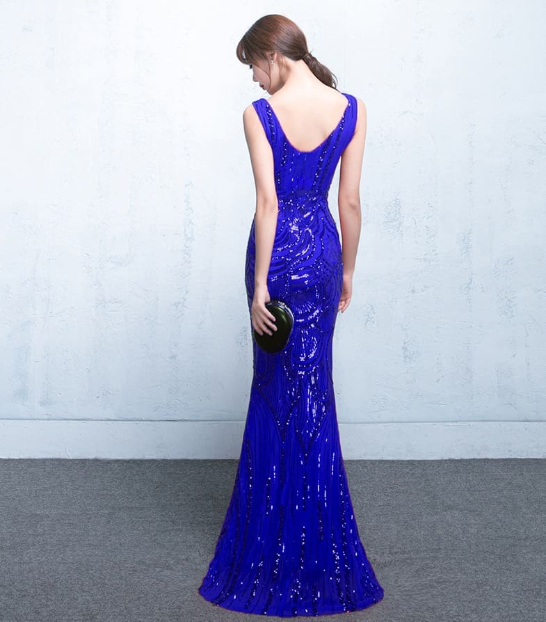 ชุดราตรียาว ทรงหางปลา ผ้าปักเลื่อม สีน้ำเงิน ผ้ายืดเข้ารูป พร้อมส่ง L