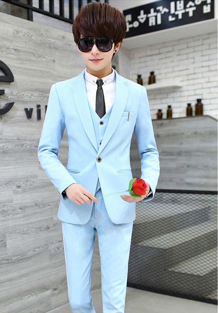 สูท,ชุดสูทเจ้าบ่าว,สูทผู้ชาย เกรดพรีเมี่ยม สีฟ้า+เสื้อกั๊ก พร้อมส่ง 2XL