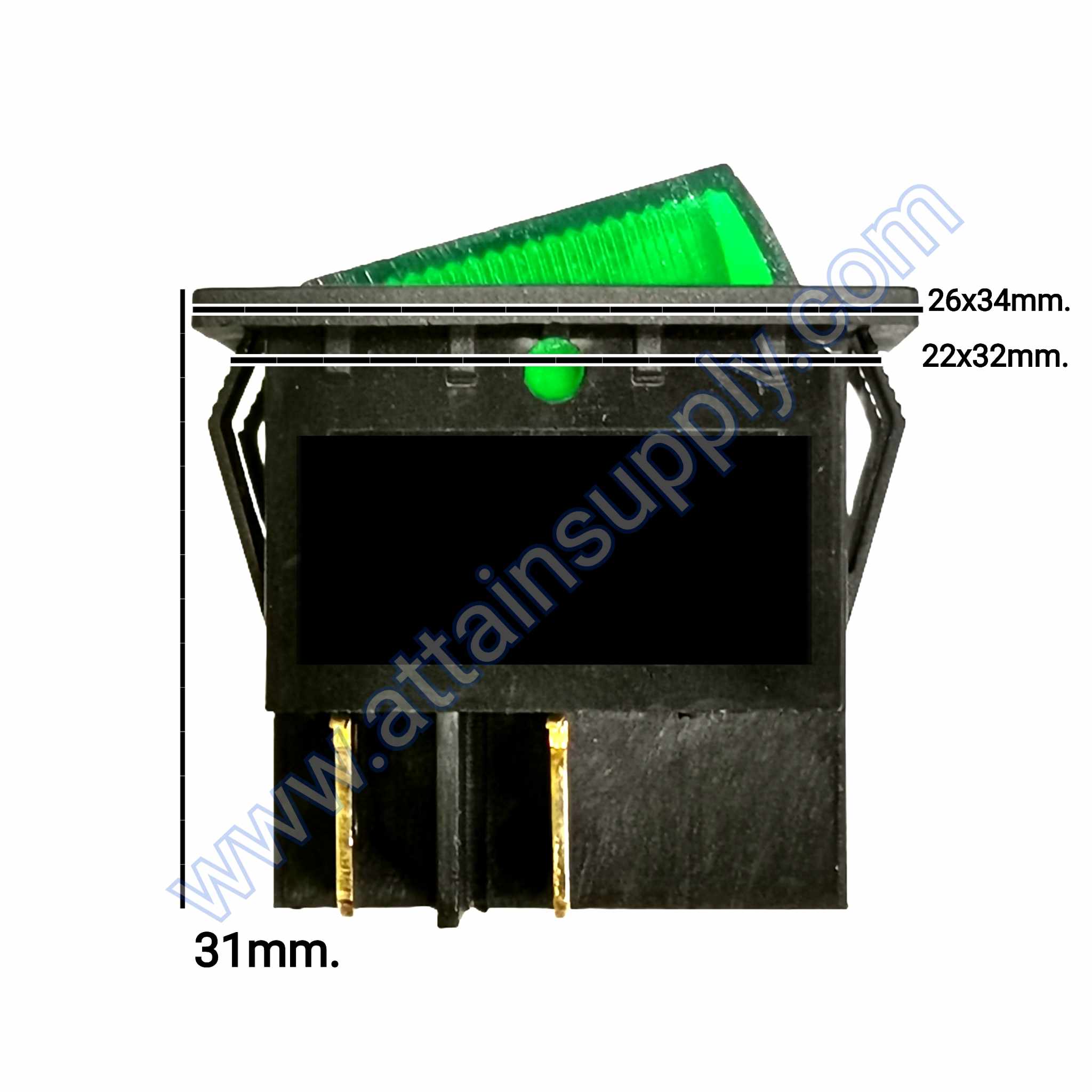 สวิทช์ IO เหลี่ยมใหญ่ 220V./4ขา มีไฟ-สีเขียว (แบบหนา)