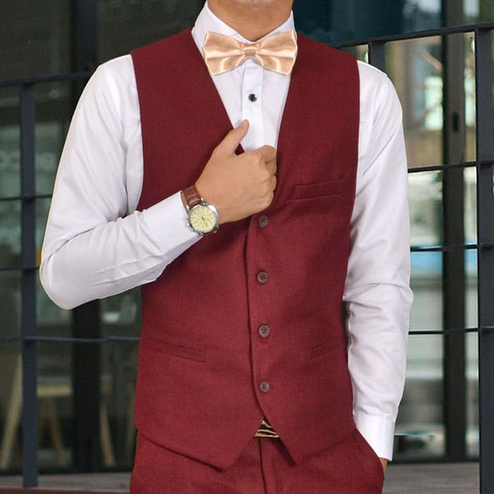 สูทเจ้าบ่าว เกรดพรีเมี่ยม สีไวน์แดง ปกดำเงา Size L (สูท+เสื้อกั๊ก+กางเกง)