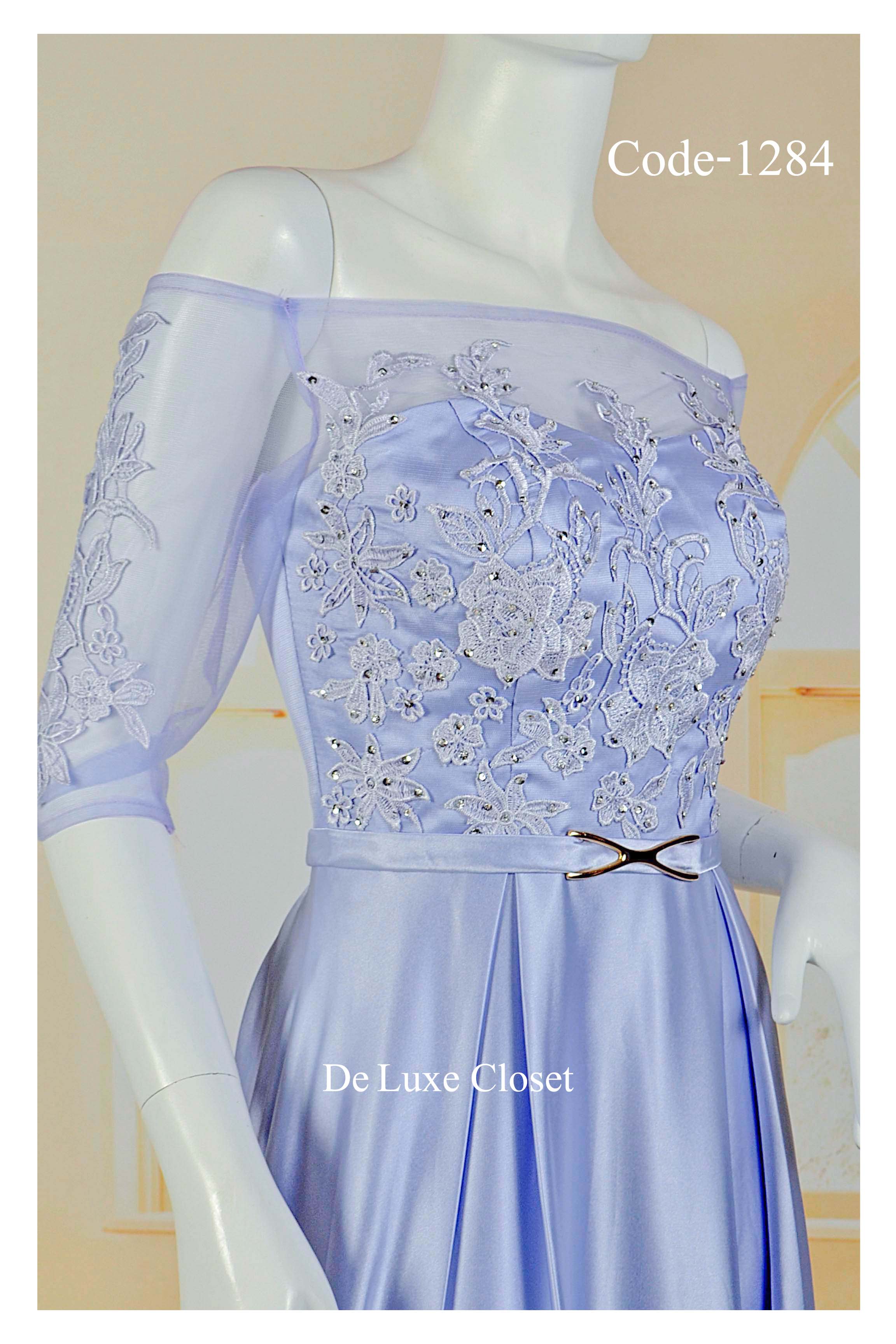 พร้อมส่ง Size XL ชุดราตรียาว ไหล่ปาด ซีทรู กระโปรงผ้าซาติน ดีไซด์เรียบหรู