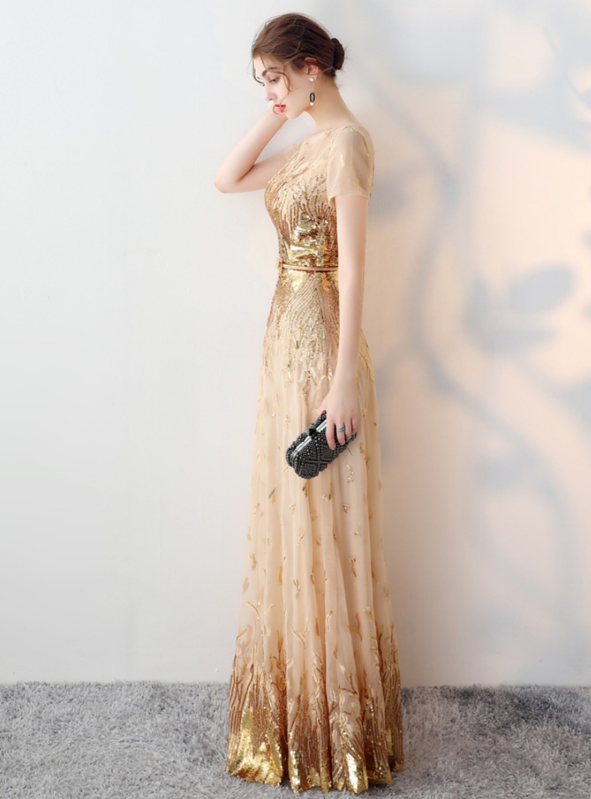 ชุดราตรียาว สีทอง แขนสั้น ซิปหลัง พร้อมส่ง 3XL *แถมเข็มขัด*