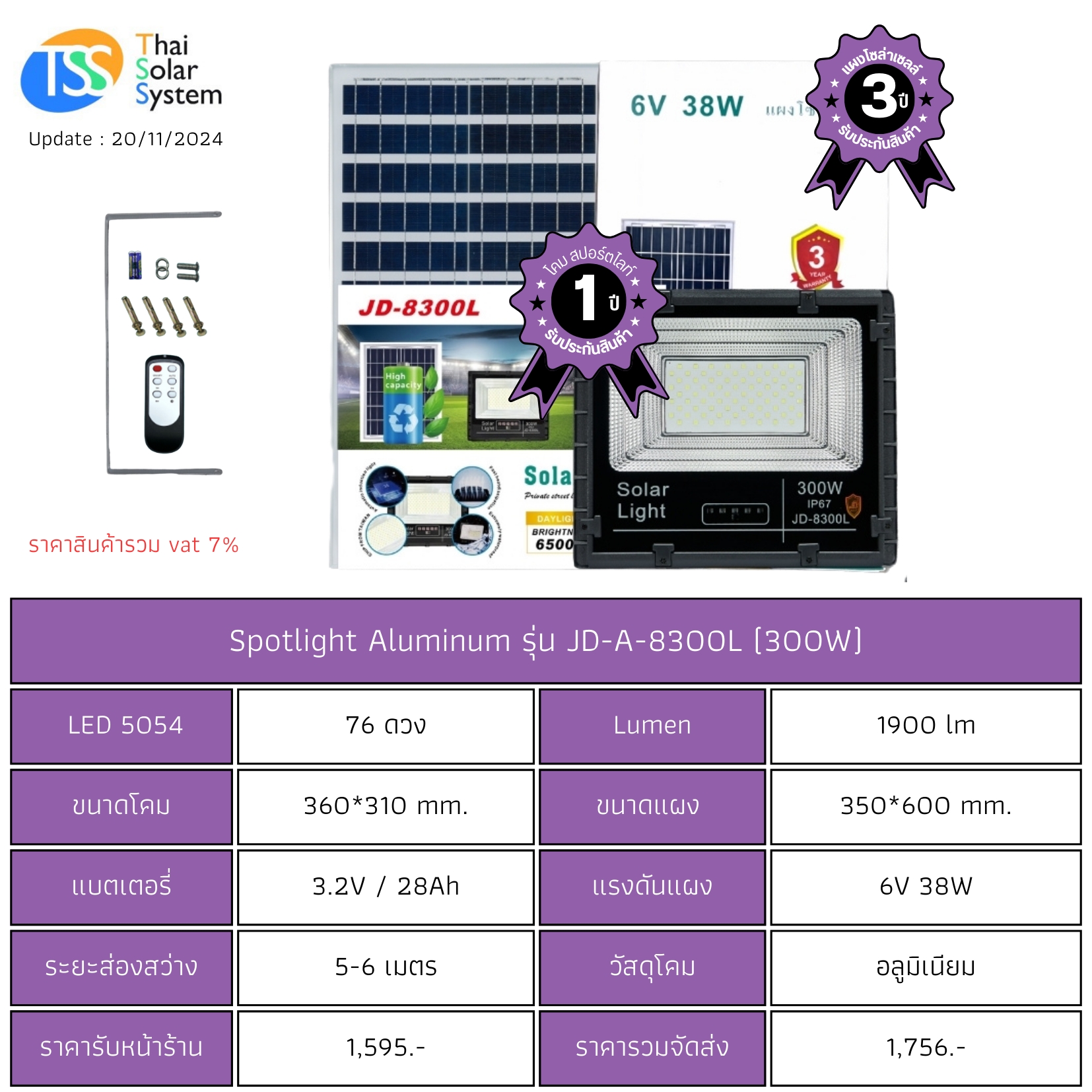 Spot Light โซล่าเซลล์ JD-A-8300L ขนาด 300w