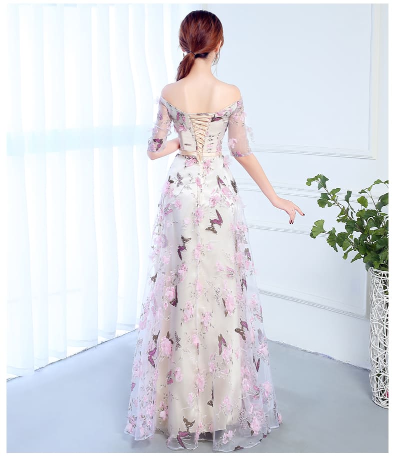 ชุดราตรียาว เปิดไหล่ สีชมพู Size 3XL ผ้าพิมพ์ลายผีเสื้อ ติดดอกไม้ลอย งานร้อยหลัง