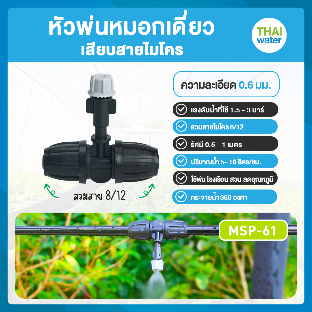 MSP-61 หัวพ่นหมอกเดี่ยว สีเทา+ข้อต่อ 3 ทาง เสียบสายไมโคร 8/12 ความละเอียด 0.6 มม.
