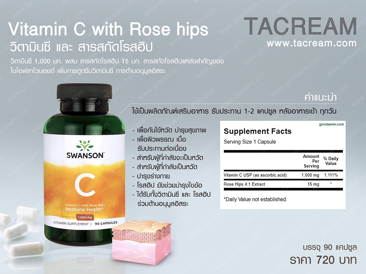 (S-1) Vitamin C with Rose hips วิตามินซี และ สารสกัดโรสฮิป (90เม็ด/ขวด)