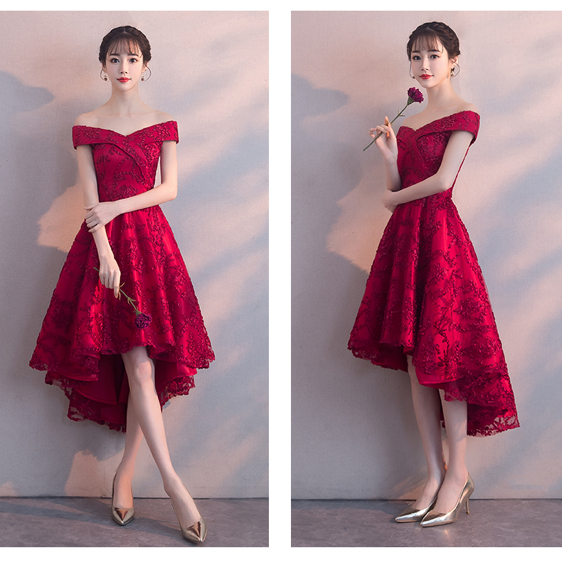 ชุดราตรี หน้าสั้นหลังยาว โอบไหล่ สีแดงไวน์ **ซิปหลัง**