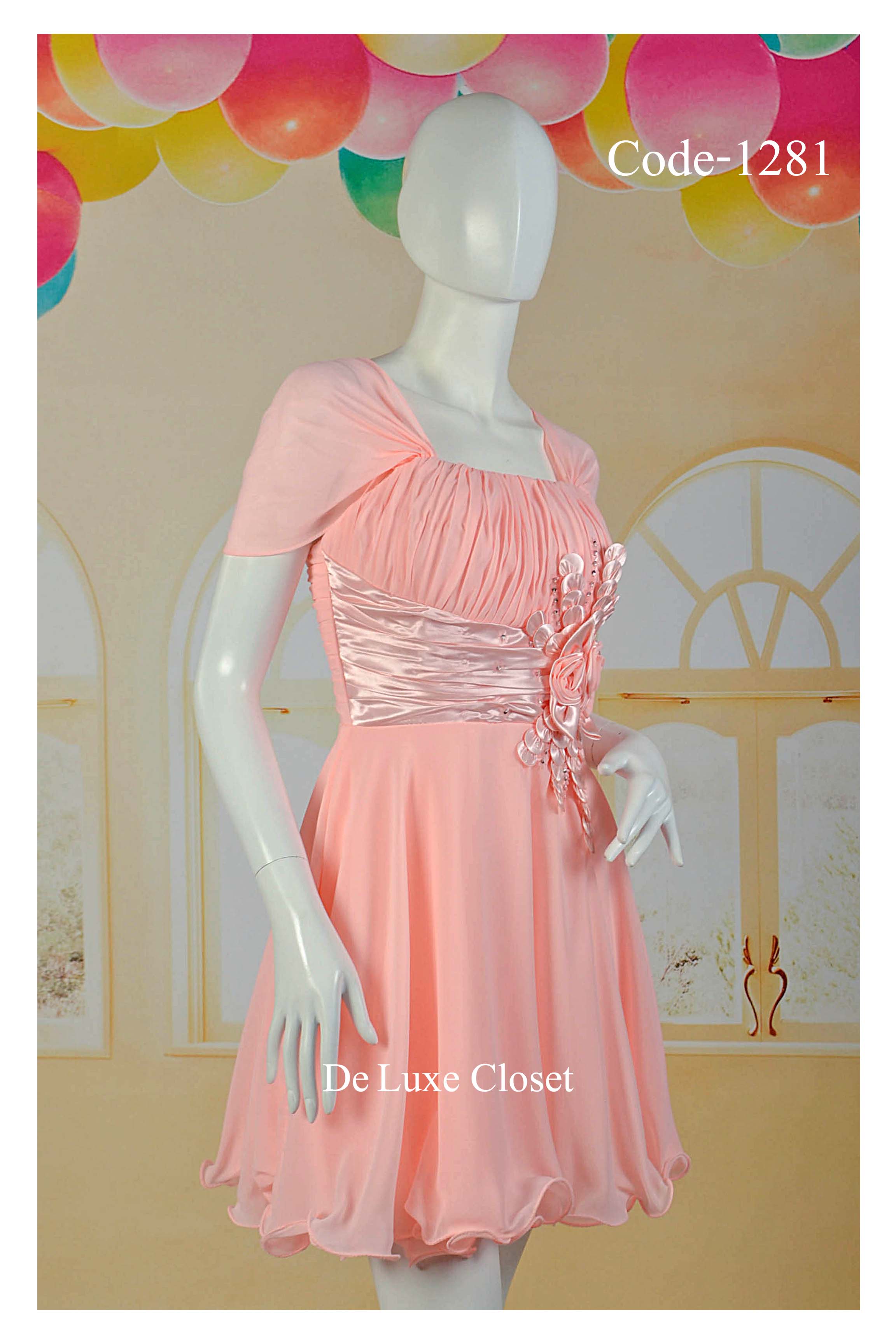 พร้อมส่ง Size 3XL ชุดราตรีสาวอวบ ผ้าชีฟอง ตกแต่งดอกไม้ที่เอว ซิปหลัง ซับในทั้งชุด