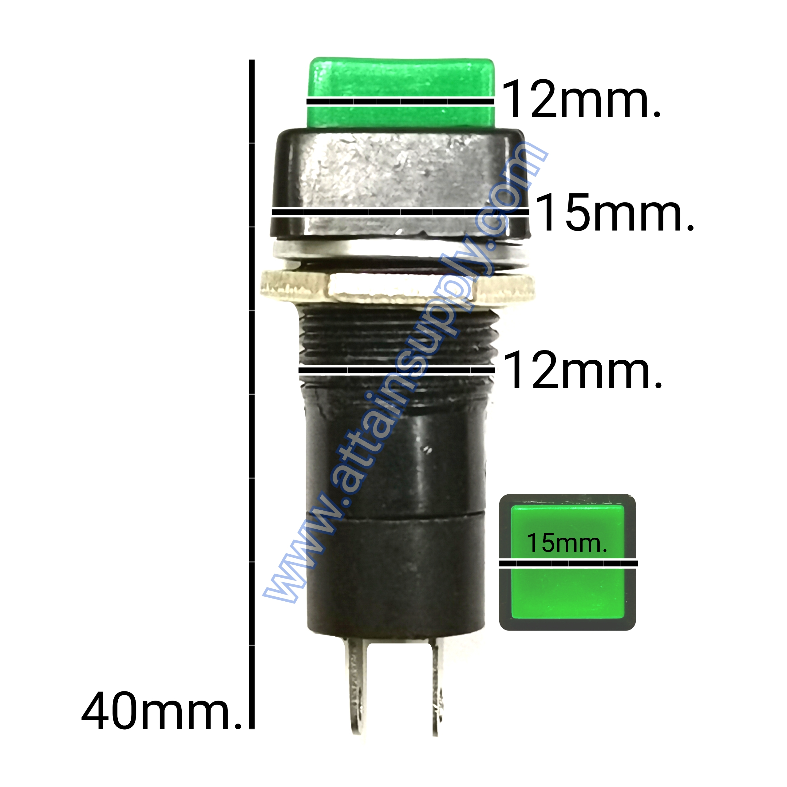 สวิทช์ กดติด-กดดับ/หัวกดสี่เหลี่ยม ฐานกลมแกนยาว-สีเขียว