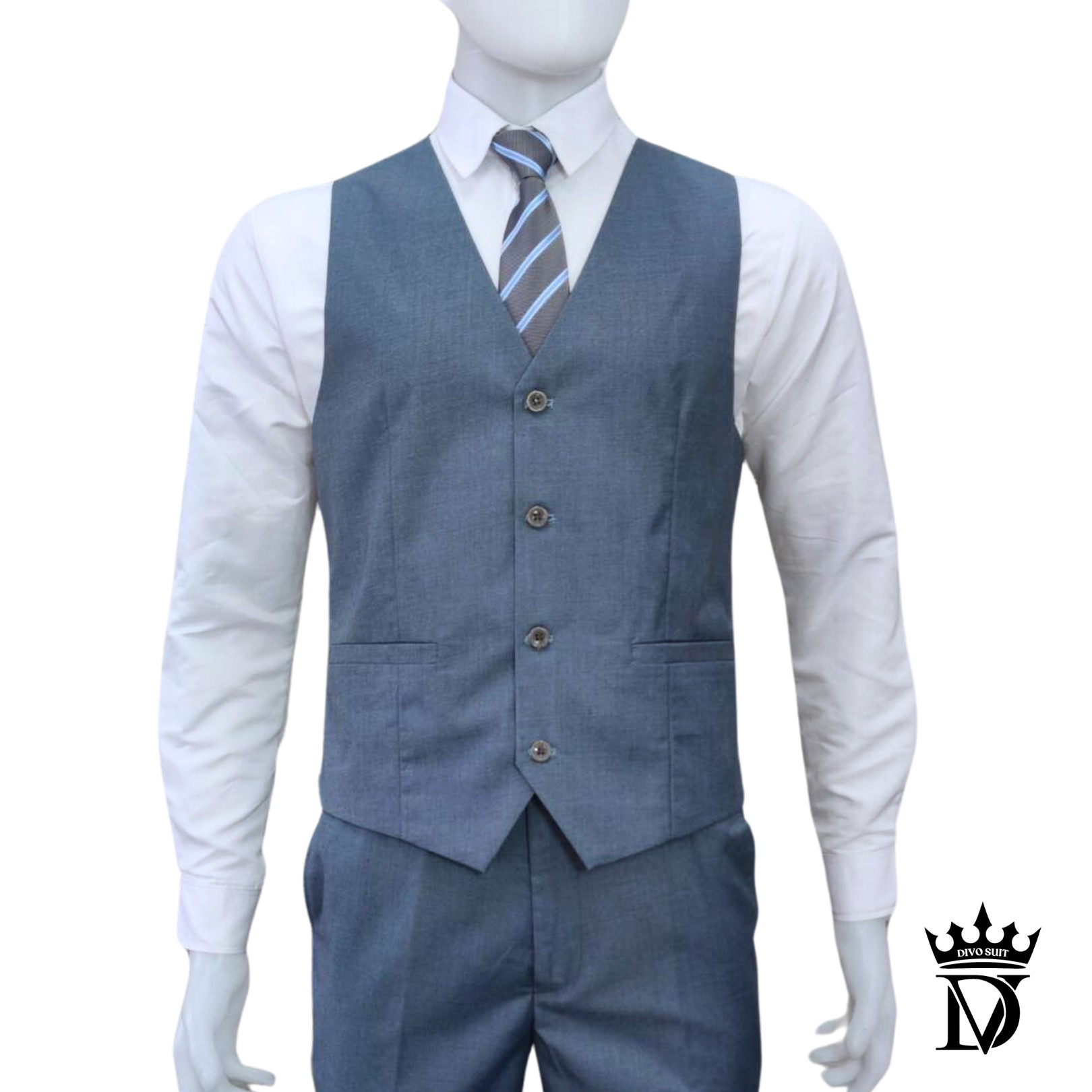 5XL-10XL ชุดสูทผู้ชาย เกรดพรีเมี่ยม แบรนด์ Divo เซต 2-3 ชิ้น สีฟ้าเทา เนื้อผ้าวูล เอวกางเกงยืดได้