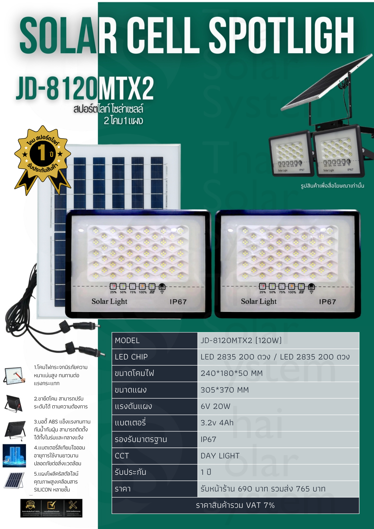 Spot Light โซล่าเซลล์ JD-8120MTX2 ขนาด 120w