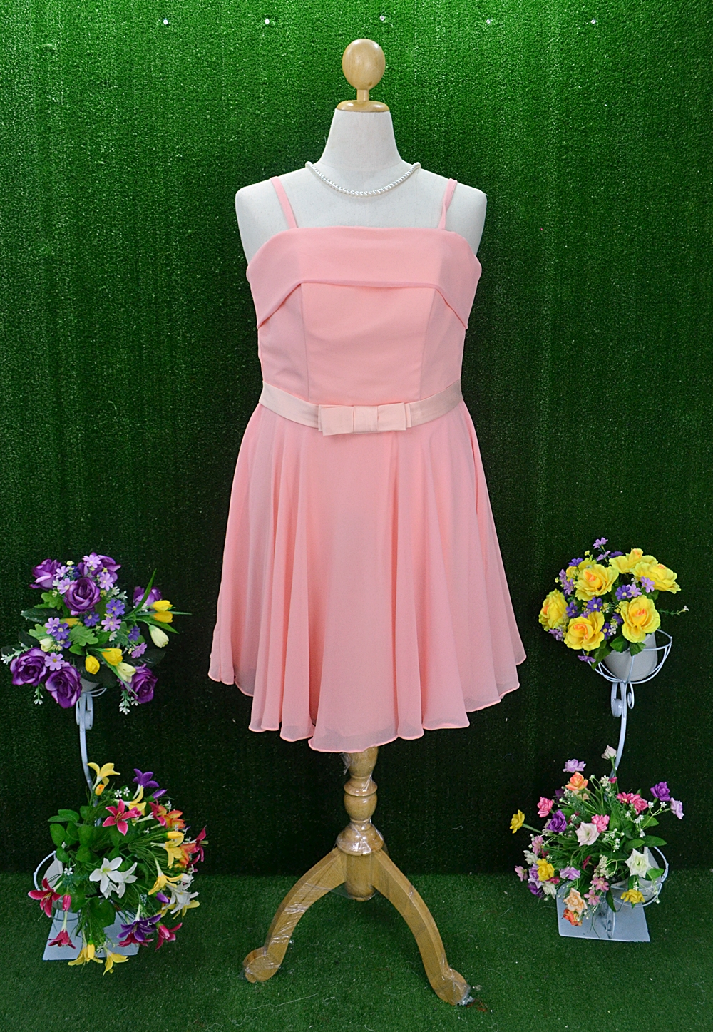 พร้อมส่ง 4XL ชุดราตรีสาวอวบ แต่งโบว์ที่เอว ผ้าชีฟอง ซับในทั้งชุด ซิปหลัง