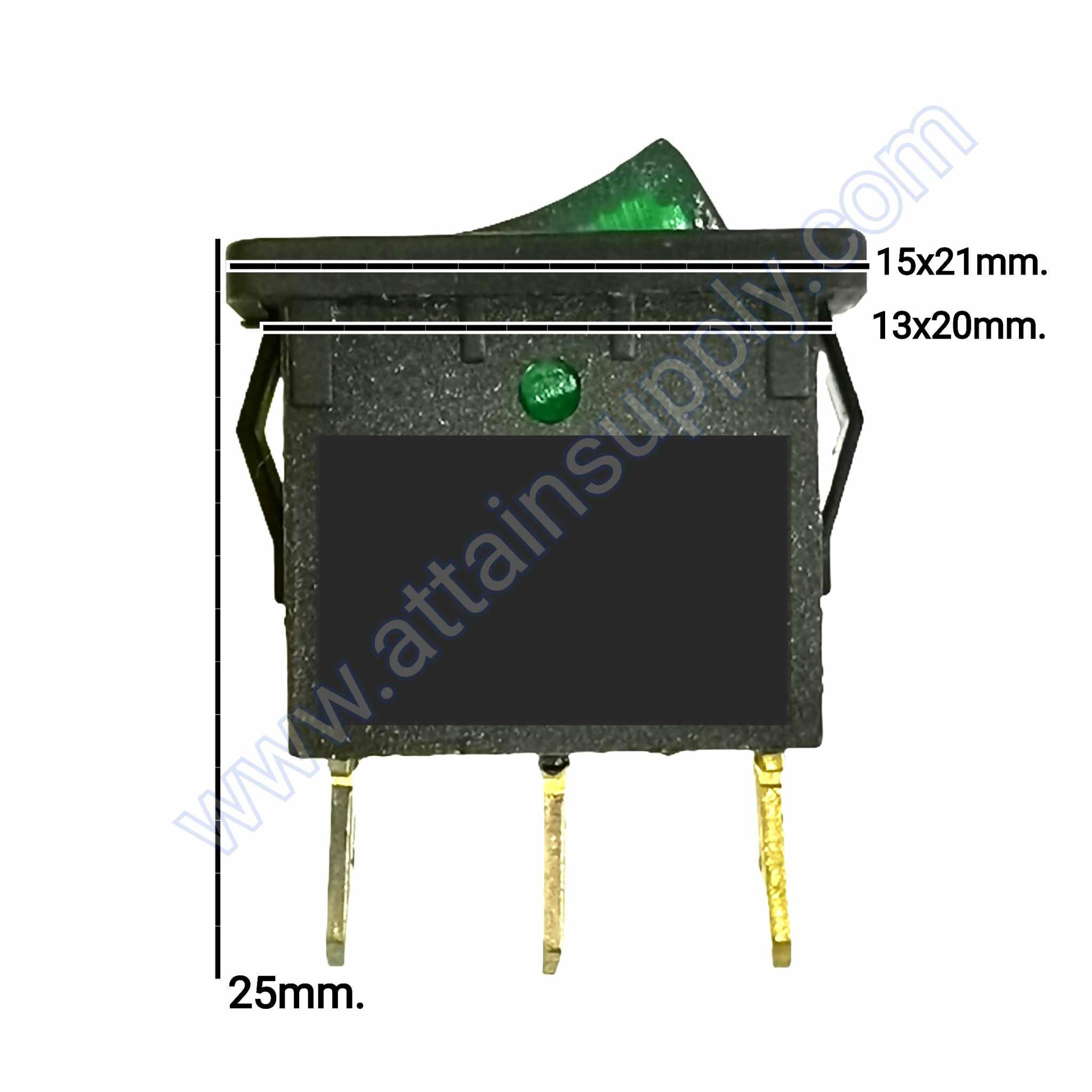 สวิทช์ ON-OFF เหลี่ยมเล็ก 220V./3ขา มีไฟ-สีเขียว