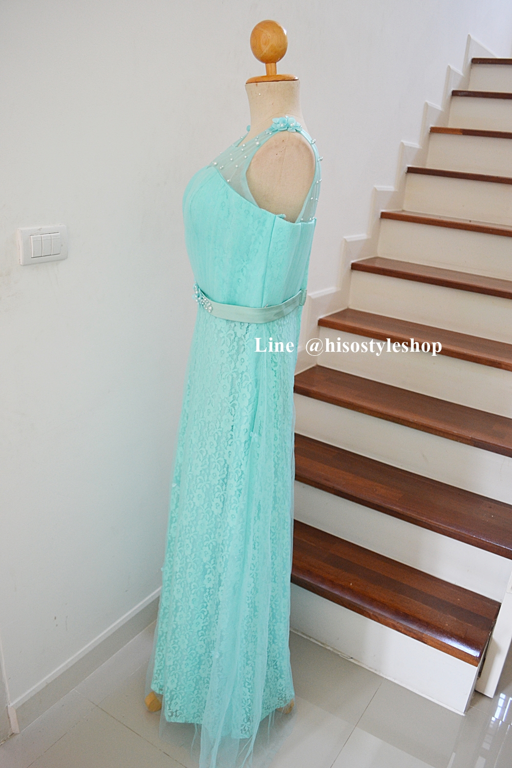 ชุดราตรียาว แขนกุด ผ้าชั้นในลูกไม้ ประดับลูกปัด **สีเขียวมินต์ Size 2XL** ซิปหลัง ซับในทั้งชุด