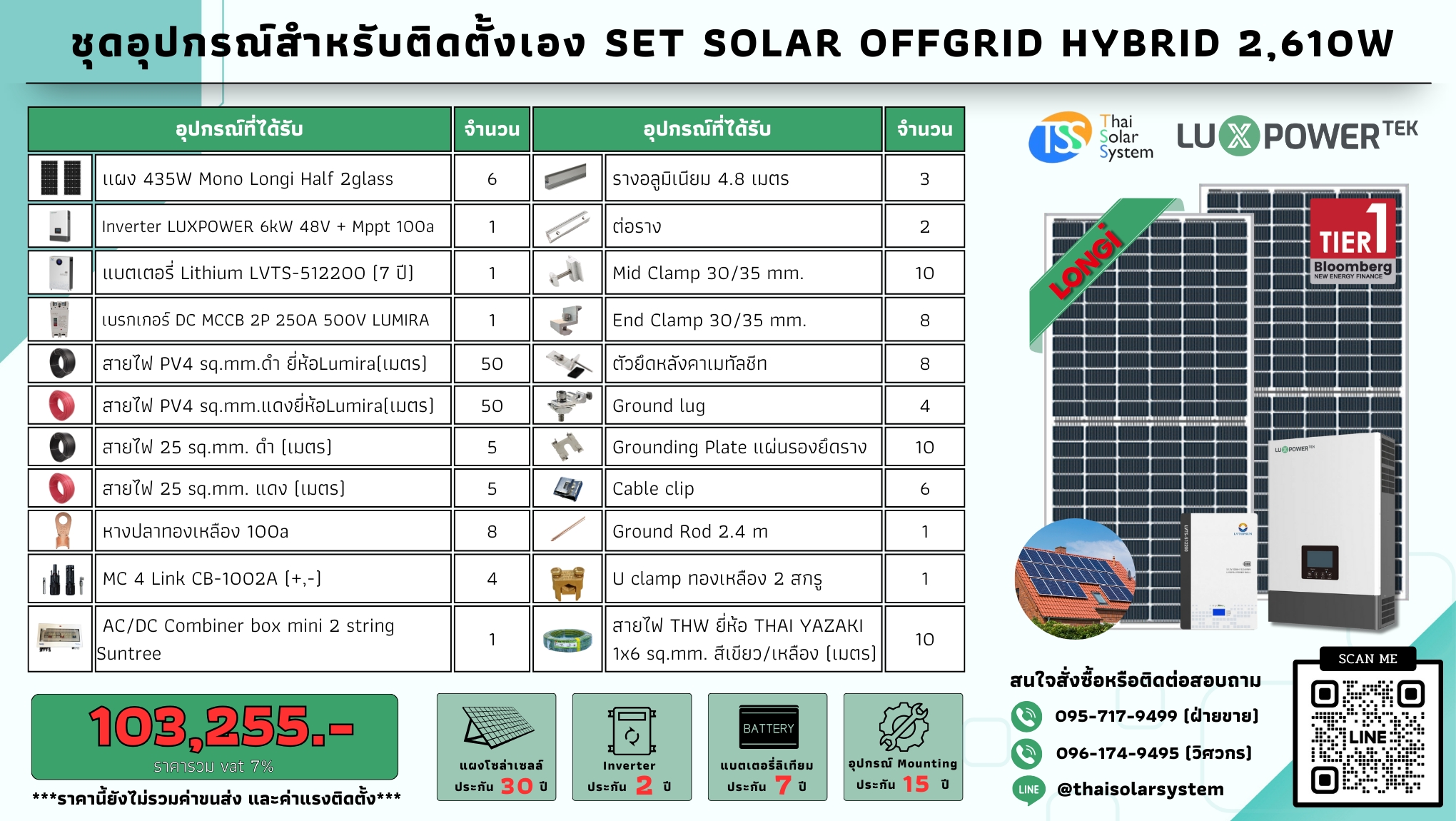 SET Hybrid Off LUXPOWER 6k แผง 2,610w แบตลิเทียม 200a 51.2v (สำหรับไปติดตั้งเอง)