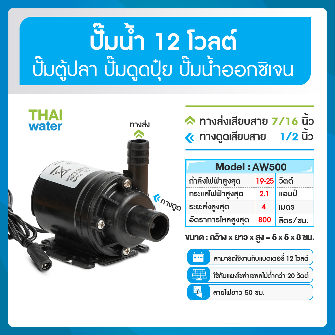 06-AW500-12VDC-B ปั๊มน้ำ DC12V รุ่น AW500 Type B 800 ลิตร/ชม. ส่งสูง 6 เมตร แบบเสียบสาย ปลายแจ็ค ( ปั๊มตู้ปลา ปั๊มดูดปุ๋ย )