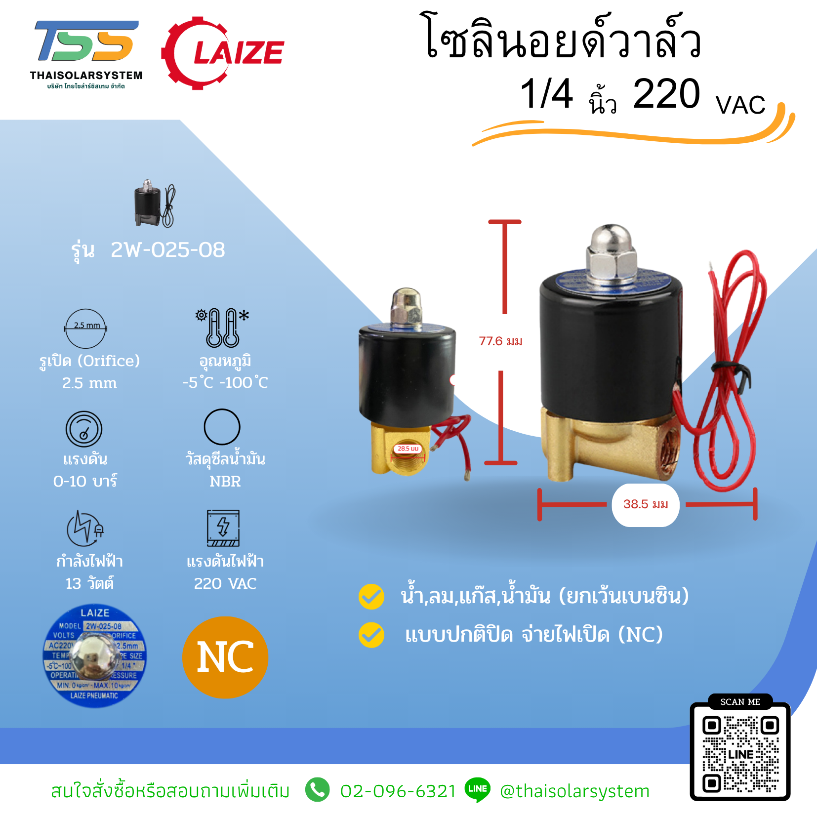 โซลินอยด์วาล์วทองเหลือง Solenoid Valve NC 220V AC 1/4"