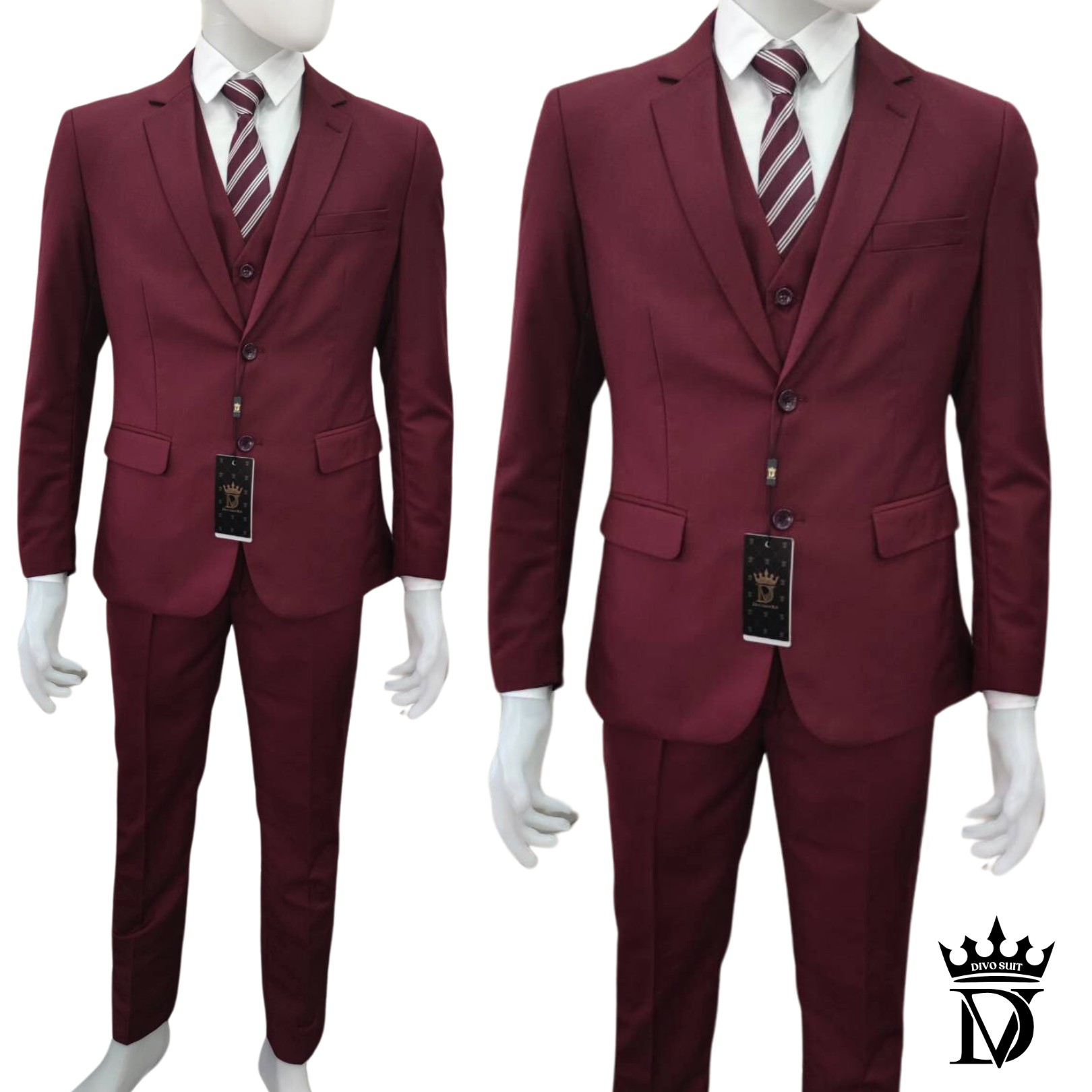 5XL-10XL ชุดสูทผู้ชาย เกรดพรีเมี่ยม แบรนด์ Divo เซต 2-3 ชิ้น สีแดงเบอกันดี เนื้อผ้าวูล เอวกางเกงยืดได้