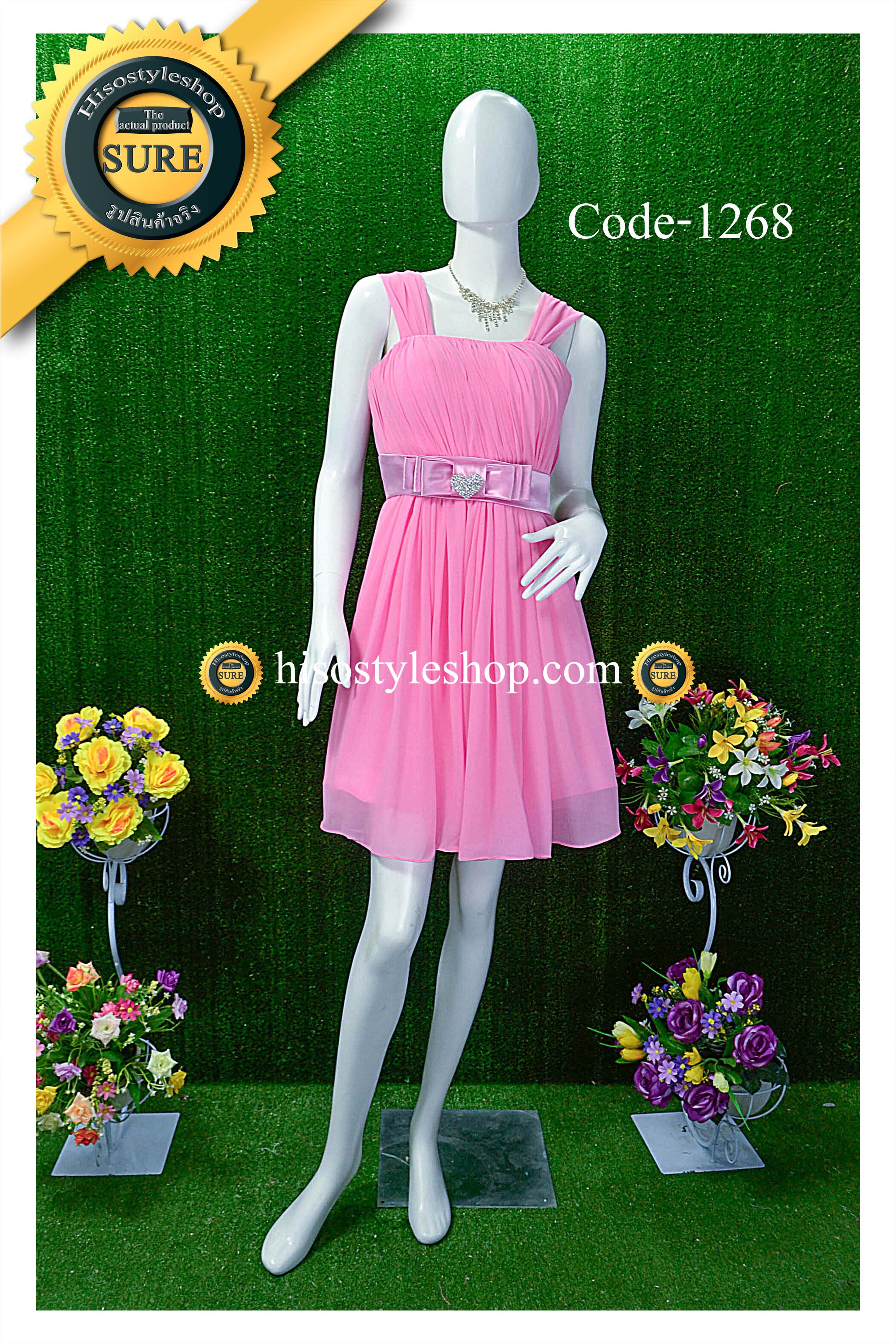 พร้อมส่ง Size L ชุดราตรีสั้น **สามารถใส่ได้7แบบ** ผ้าชีฟอง แต่งโบว์เข็มกลัดหัวใจที่เอว ซิปหลัง