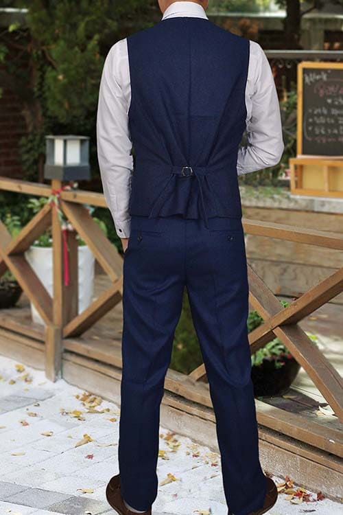 สูทเจ้าบ่าว เกรดพรีเมี่ยม สีกรมท่า ปกดำเงา(สูท+เสื้อกั๊ก+กางเกง) พร้อมส่ง S,M