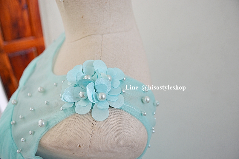 ชุดราตรียาว แขนกุด ผ้าชั้นในลูกไม้ ประดับลูกปัด **สีเขียวมินต์ Size 2XL** ซิปหลัง ซับในทั้งชุด