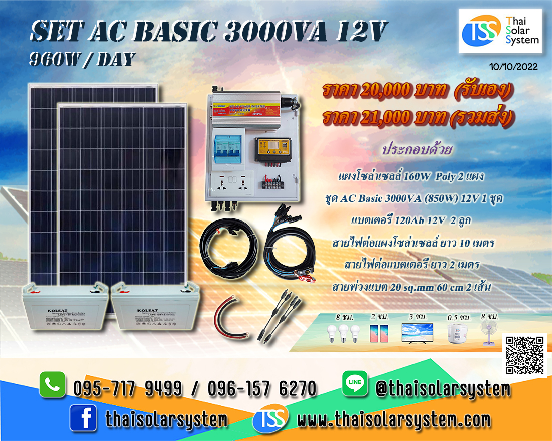 ชุดนอนนา SET AC Basic 3000VA 12V (960 W/DAY) ***รวมแผงโซล่าร์เซลล์ + แบตเตอรี่***