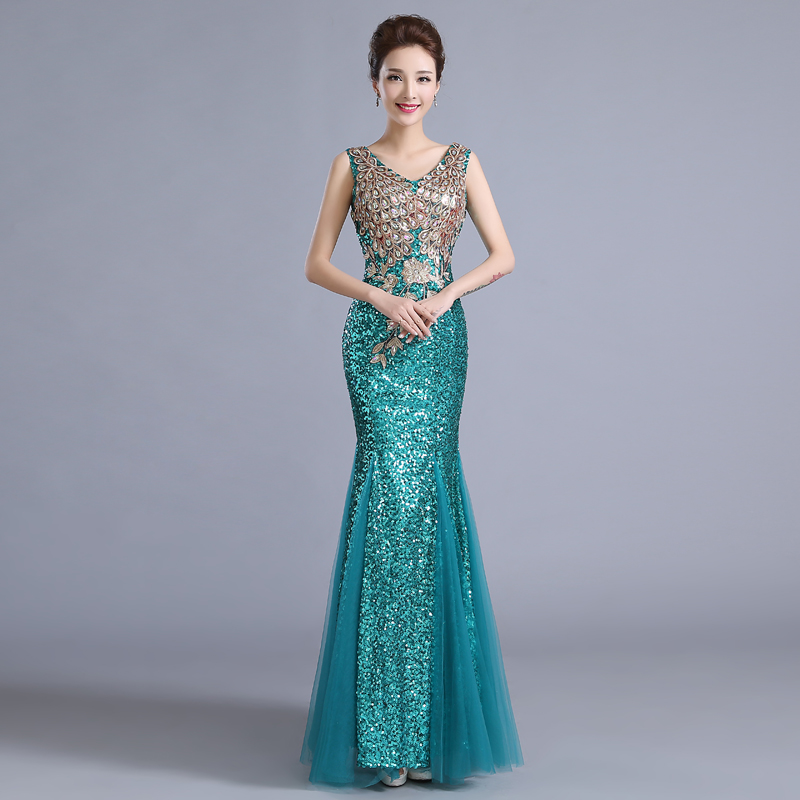 ชุดราตรียาว ทรงหางปลา ผ้าเลื่อม สีเขียว **พร้อมส่ง L** ซิปหลัง