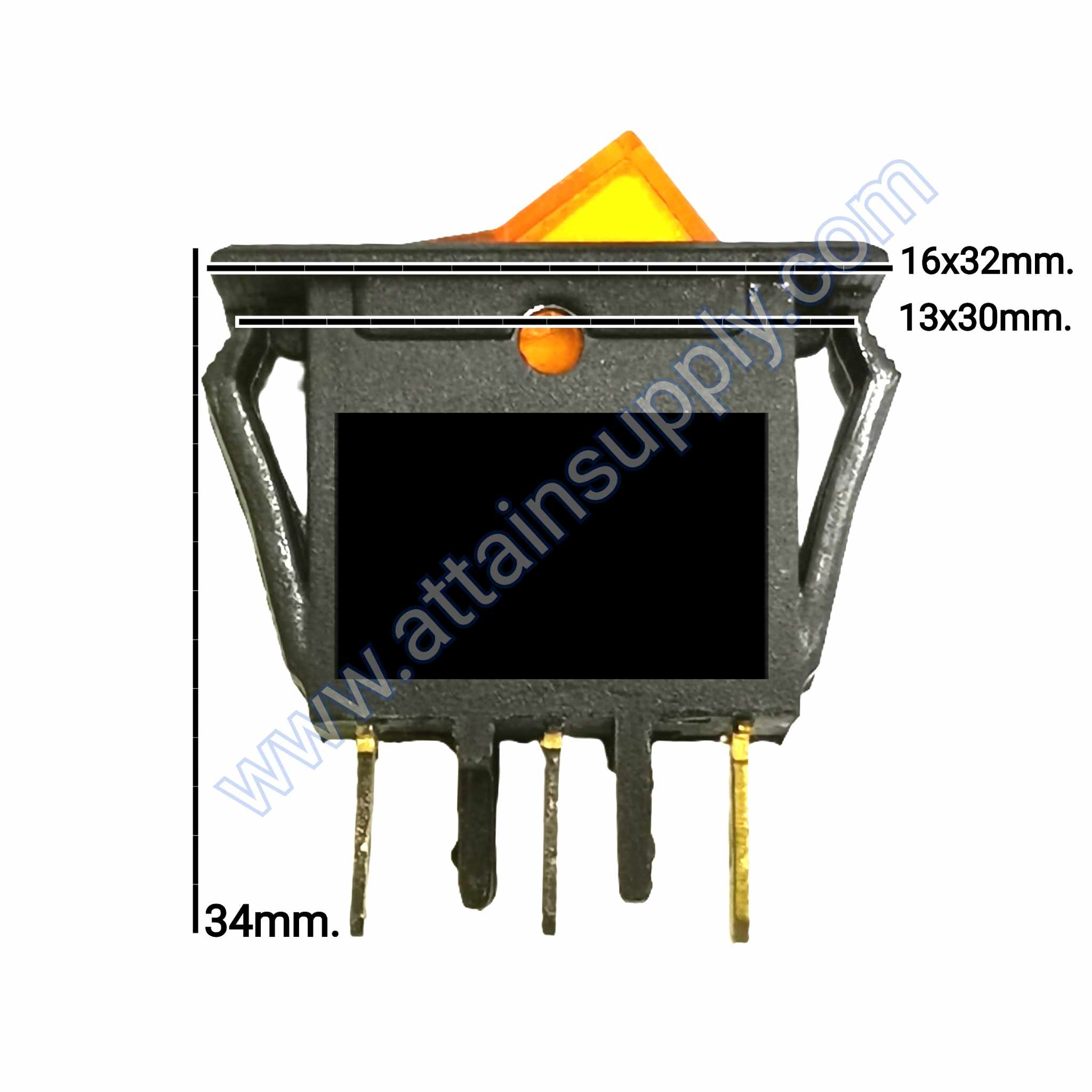 สวิทช์ ON-OFF เหลี่ยมบาง 220V./3ขา มีไฟ-สีเหลือง (หน้ากระดกตัดเหลี่ยม)