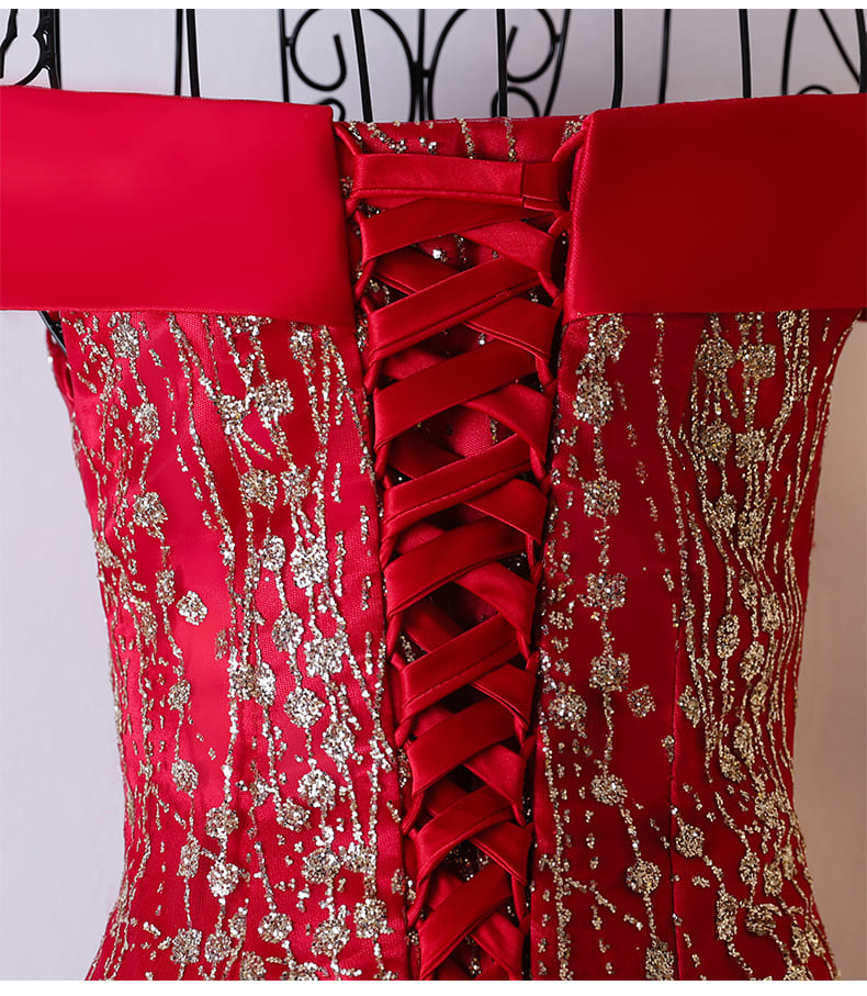 ชุดราตรียาว ไหล่ปาด สีแดง Size S-M ผ้ากลิตเตอร์ ทรงหางปลา งานร้อยหลัง