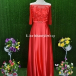 พร้อมส่ง Size L ชุดราตรียาว ไหล่ปาด ปักคริสตัลช่วงอก แต่งเข็มขัดทองที่เอว กระโปรงผ้าซาตินเกรดพรีเมี่ยม ซิปหลัง