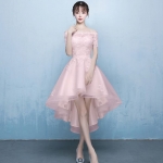 ชุดราตรี หน้าสั้นหลังยาว เปิดไหล่ แขนสั้น สีชมพูโอรส งานร้อยหลัง Size L,XL