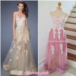 ชุดราตรี เกาะอก สีชมพูกลีบบัว Size M แต่งลูกไม้สีขาว ชายกระโปรงแต่งผ้าให้มีดีเทล หวานๆ งานร้อยหลัง