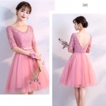 ชุดราตรีสั้น แขนสามส่วน ผ้าลูกไม้ สีชมพูกลีบบัว พร้อมส่ง 2XL งานร้อยหลัง