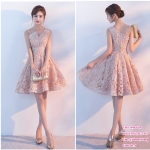 ชุดราตรีสั้น สีทอง พร้อมส่ง L ผ้าลูกไม้สามมิติ ซิปหลัง