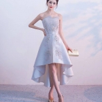 ชุดราตรี หน้าสั้นหลังยาว เกาะอก สีเทา พร้อมส่ง L ผ้าไหมดัชเชส งานร้อยหลัง