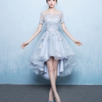 ชุดราตรี หน้าสั้นหลังยาว เปิดไหล่ แขนสั้น สีเทา งานร้อยหลัง Size XL